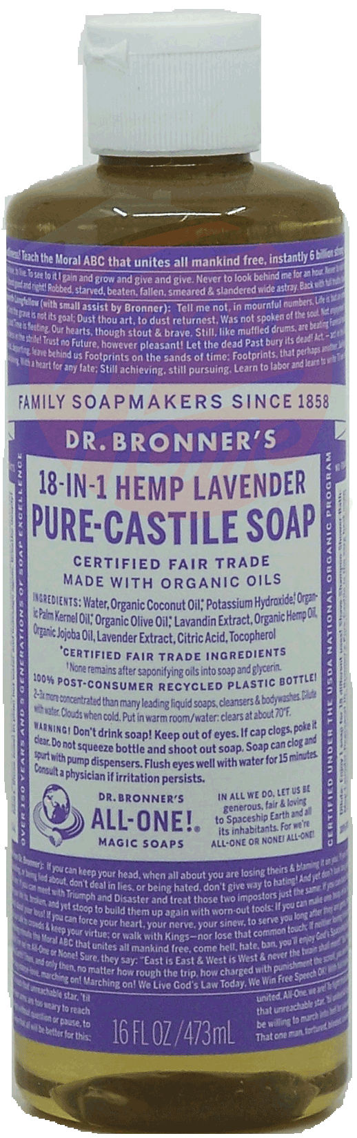 Dr. Bronner's Magic Family Soapmakers 18-in-1 hemp lavender pure-castile soap Full-Size Picture